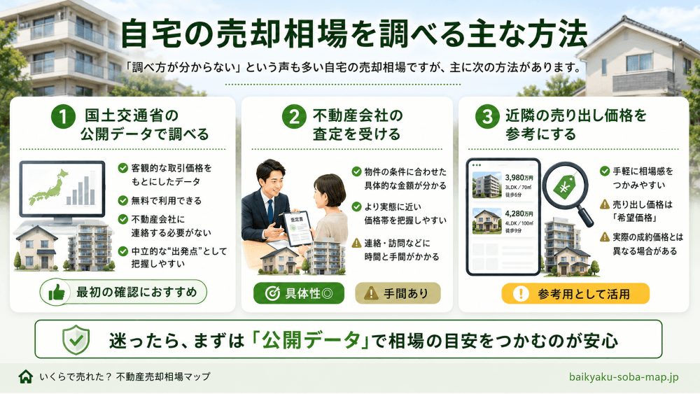 自宅の売却相場を調べる主な方法：①国土交通省の公開データ ②不動産会社の査定 ③近隣の売り出し価格
